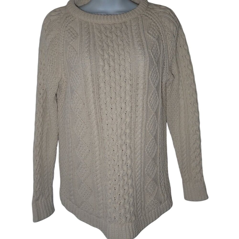 LL‎ Bean Signature Tunic Fisherman Sweater XS Cream Cable Knit Side Zip Crewneck